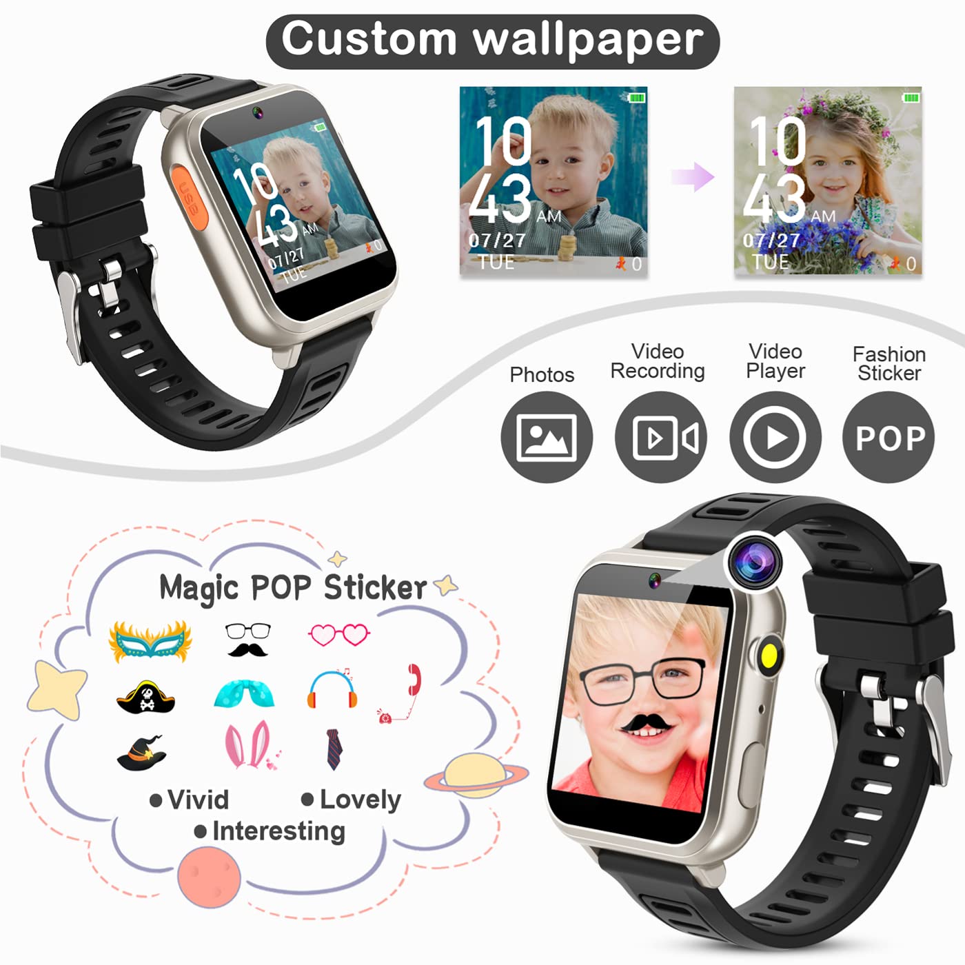 Kids Smart Watch Boys With 24 Puzzle Games Hd Touch Screen Camera Music Player Pedometer Alarm Clock Calculator Flashlight 12/24